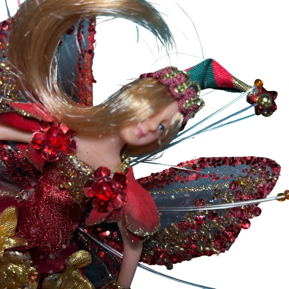 Fairy Pixie Doll Red Gold‎ Beaded Glitter Wings Hanging Christmas Ornament